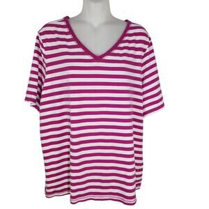 Denim & Co Womens Knit Striped Tee T Shirt Size XL V Neck Short Sleeve Purple